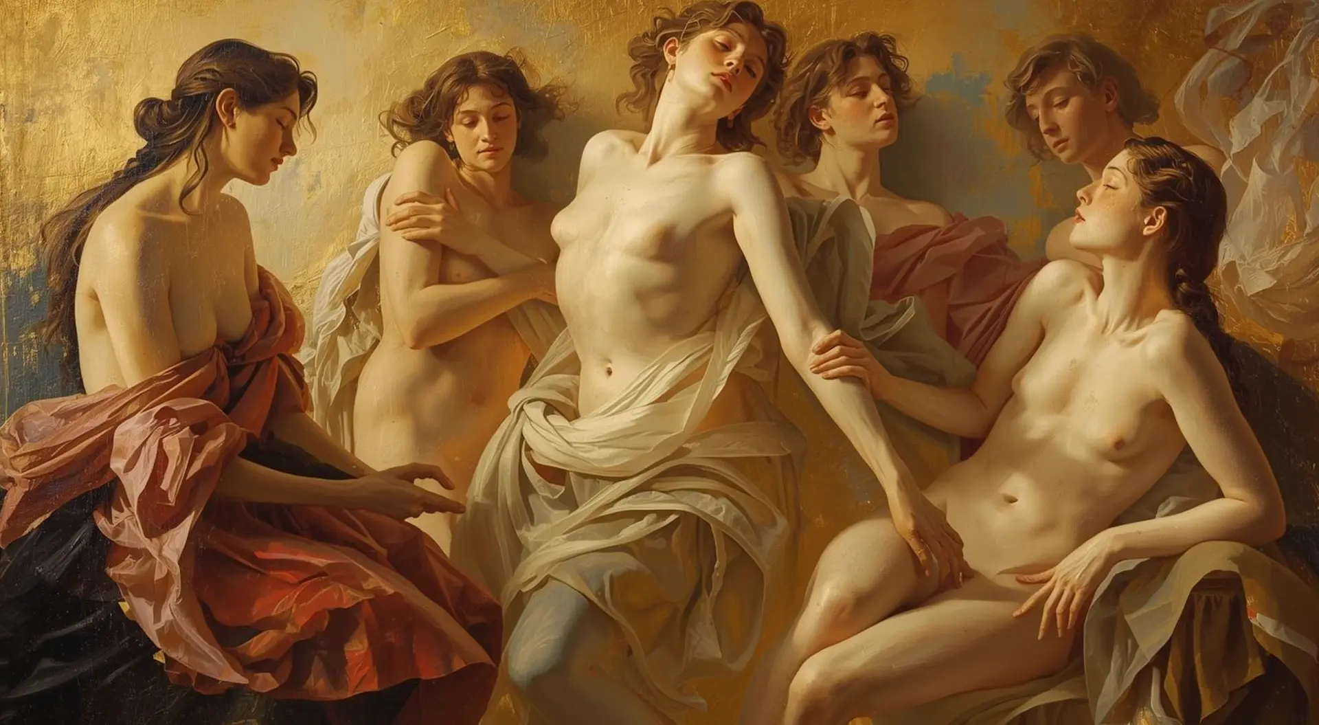 Klassisches Gemälde mit Frauenfiguren in warmem Licht
